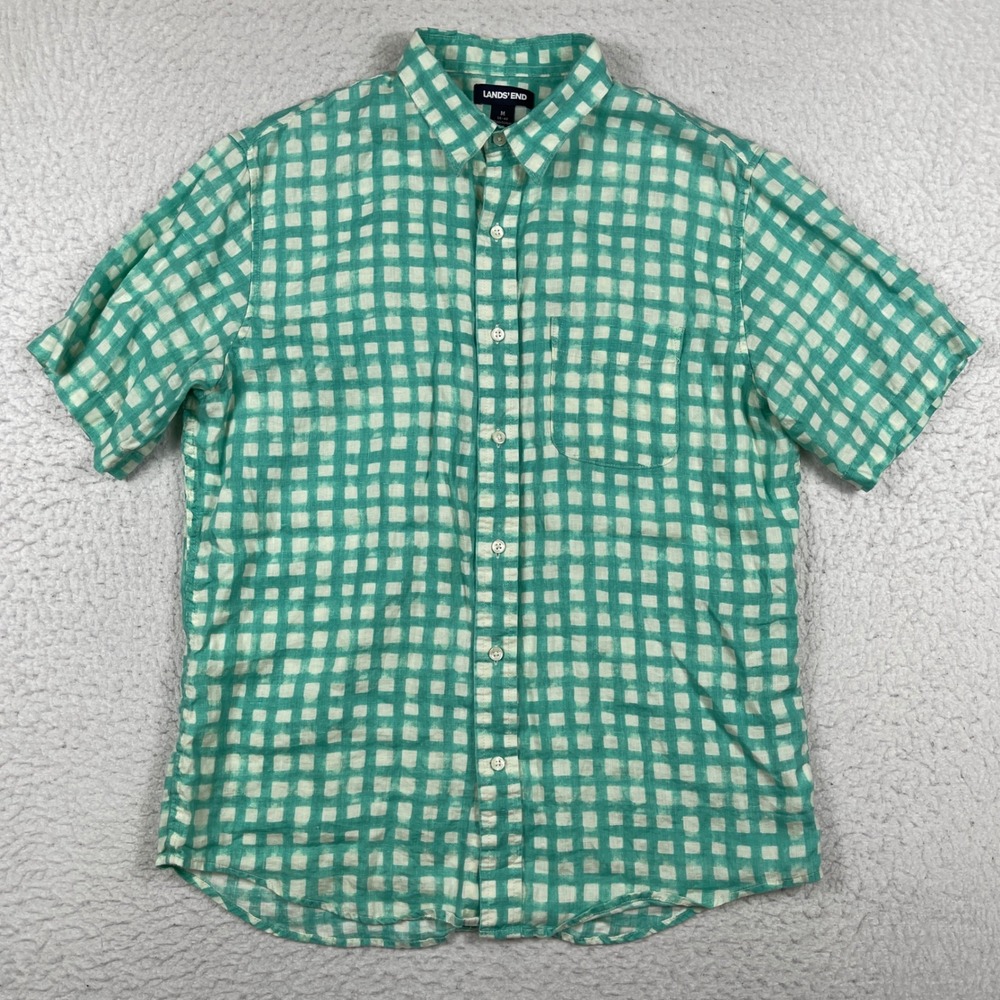 Lands End Button‎ Down Shirt Mens Medium Green Gingham 100% Linen Short Sleeve